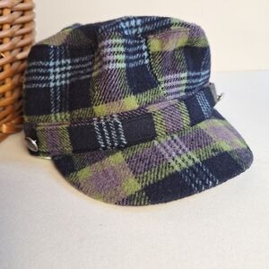 NWOT Scala Pronto Blue Green Tartan Cap with Green Satin Lining